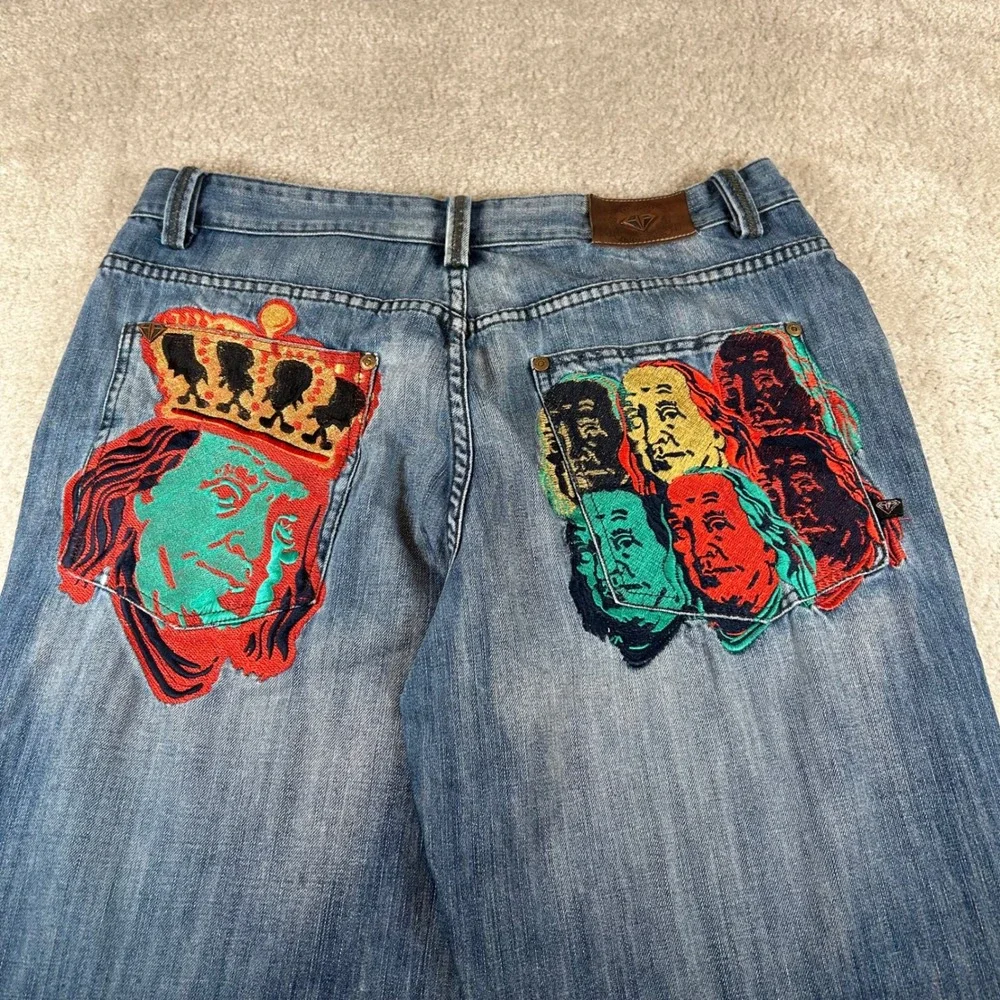 Hood Rich Jeans Men 38 Blue Denim Baggy Benjamin Franklin Embroidered Y2K Style